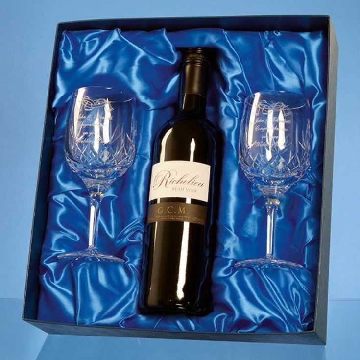 Personalised Engraved Crystal Wine Glasses With A Bottle Of Red Wine product image