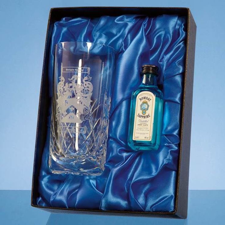 Personalised Cut Crystal High Ball Glass And Miniature Gin Gift Set product image