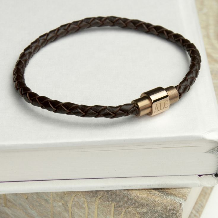 Personalised Men's Woven Leather Bracelet With Rose Gold Clasp product image