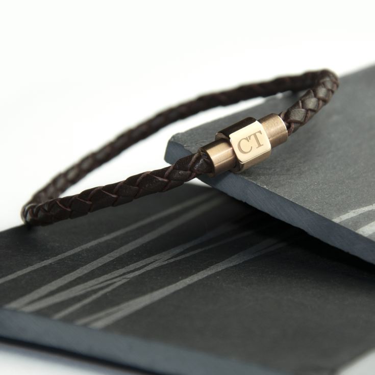 Personalised Men's Woven Leather Bracelet With Rose Gold Clasp product image