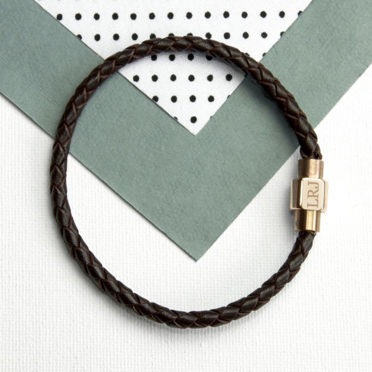 Personalised Men's Woven Leather Bracelet With Rose Gold Clasp product image