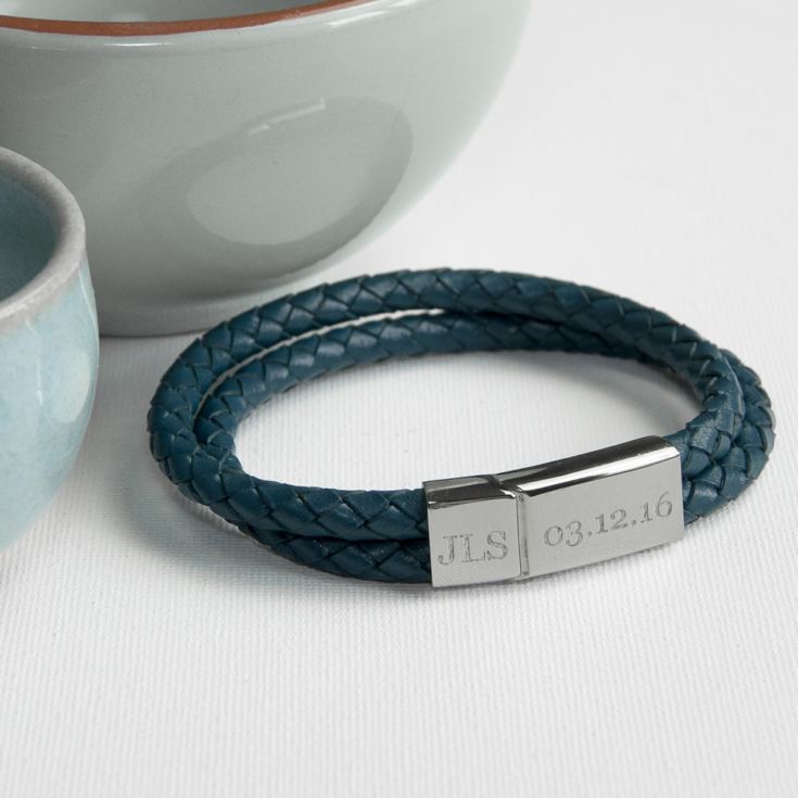 Personalised Men's Dual Leather Woven Bracelet in Teal product image