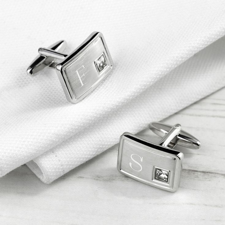 Personalised Brushed Silver Cufflinks With Crystal product image