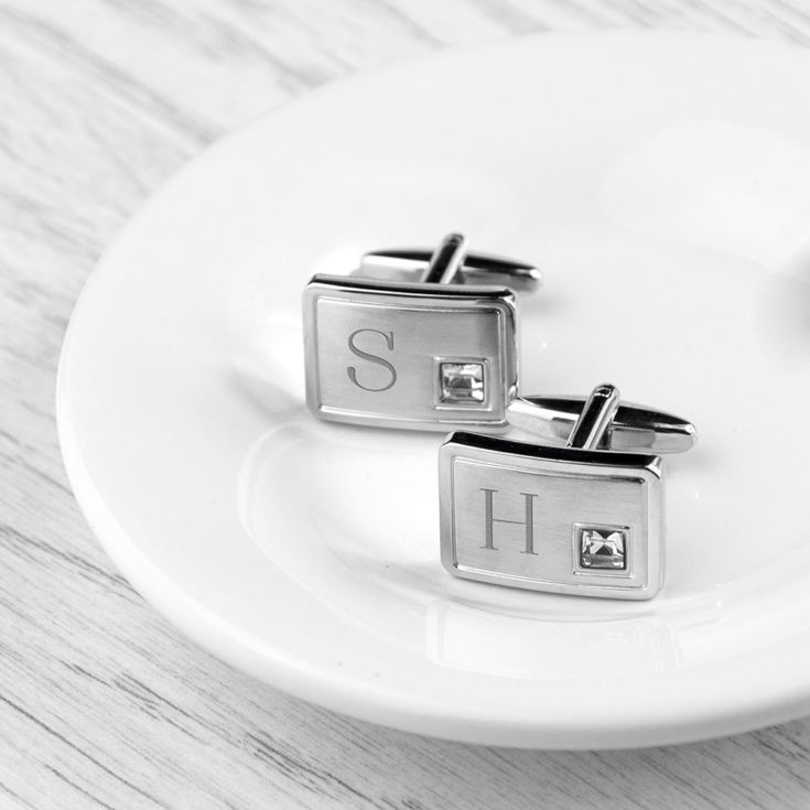 Personalised Brushed Silver Cufflinks With Crystal product image