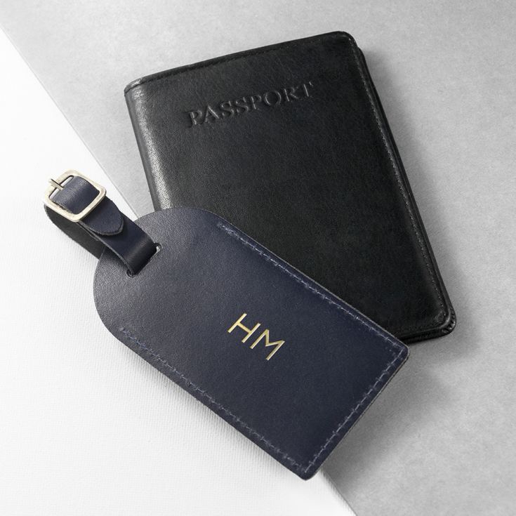 Personalised Navy Foiled Leather Luggage Tag product image