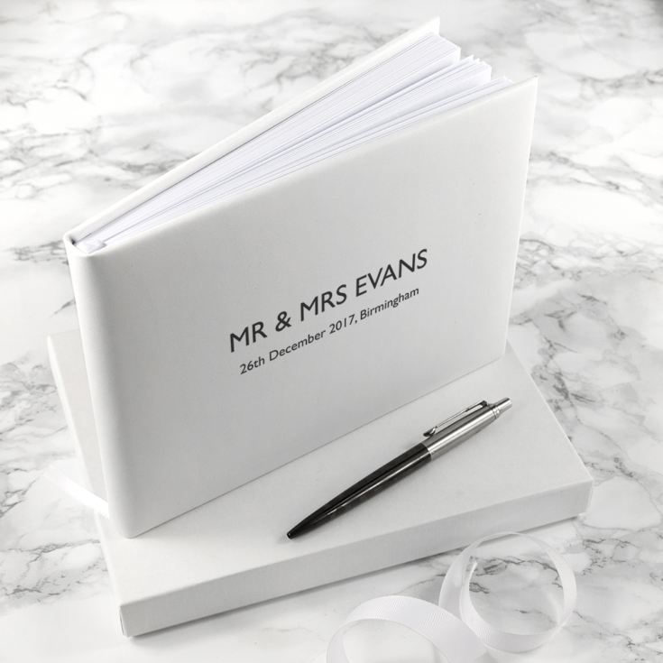 Engraved White Leather Wedding Guest Book product image
