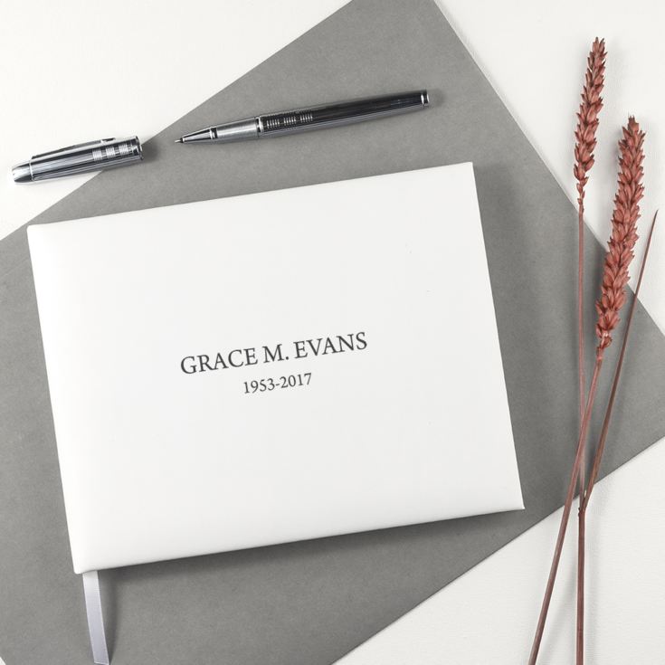 Engraved White Leather Memoriam Book product image