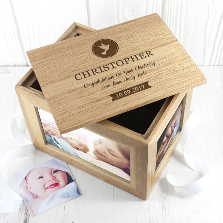 Personalised Christening Cross Midi Oak Photo Cube Keepsake Box product image