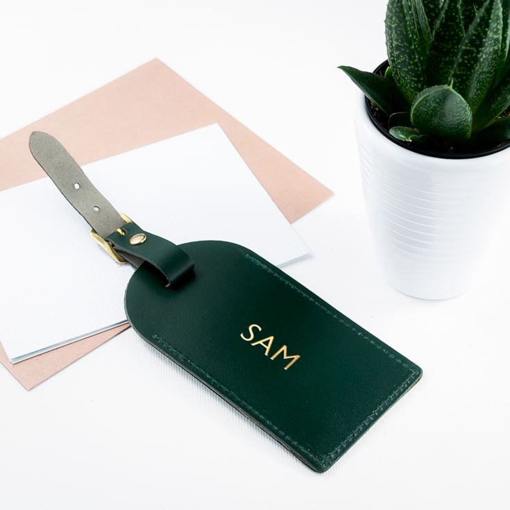 Personalised Dark Green Foiled Leather Luggage Tag product image
