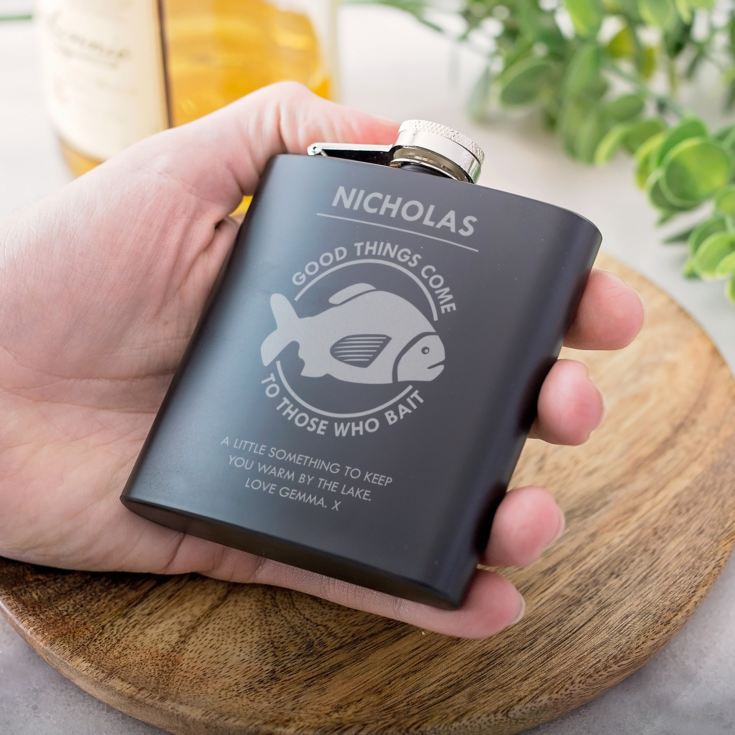 Personalised Good Things Come To Those Can Bait Fishing Black Hip Flask product image