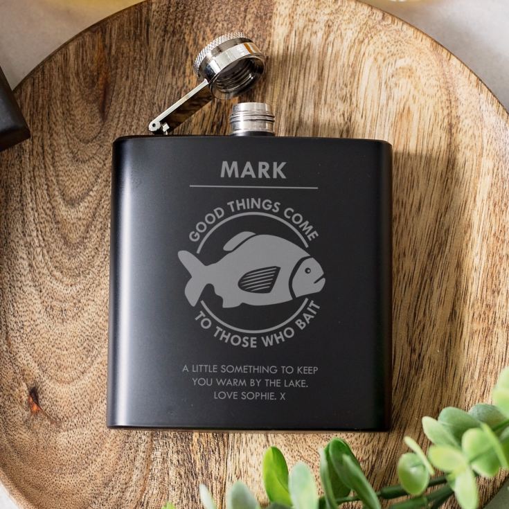 Personalised Good Things Come To Those Can Bait Fishing Black Hip Flask product image