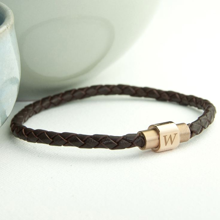 Personalised Men's Woven Leather Bracelet With Rose Gold Clasp product image