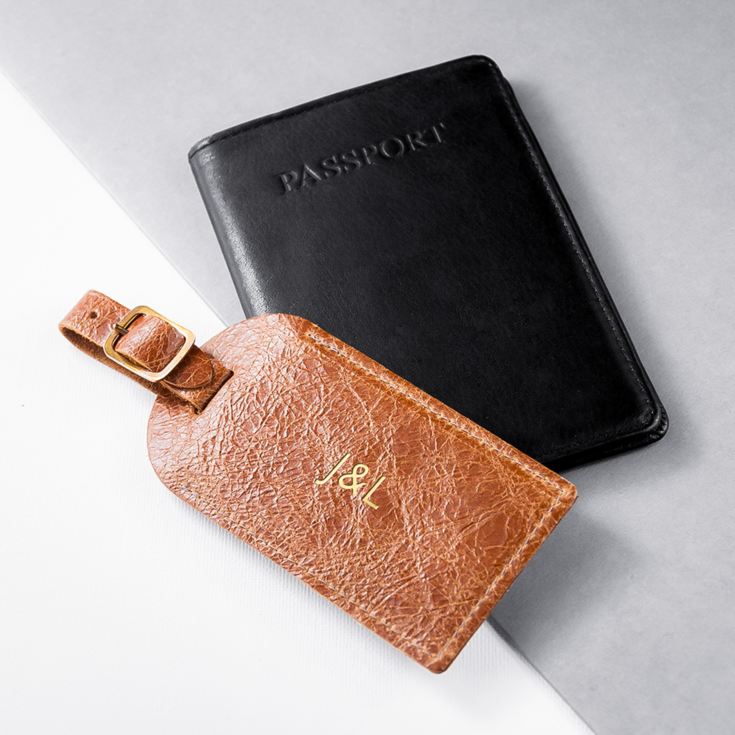 Personalised Natural Tan Foiled Leather Luggage Tag product image