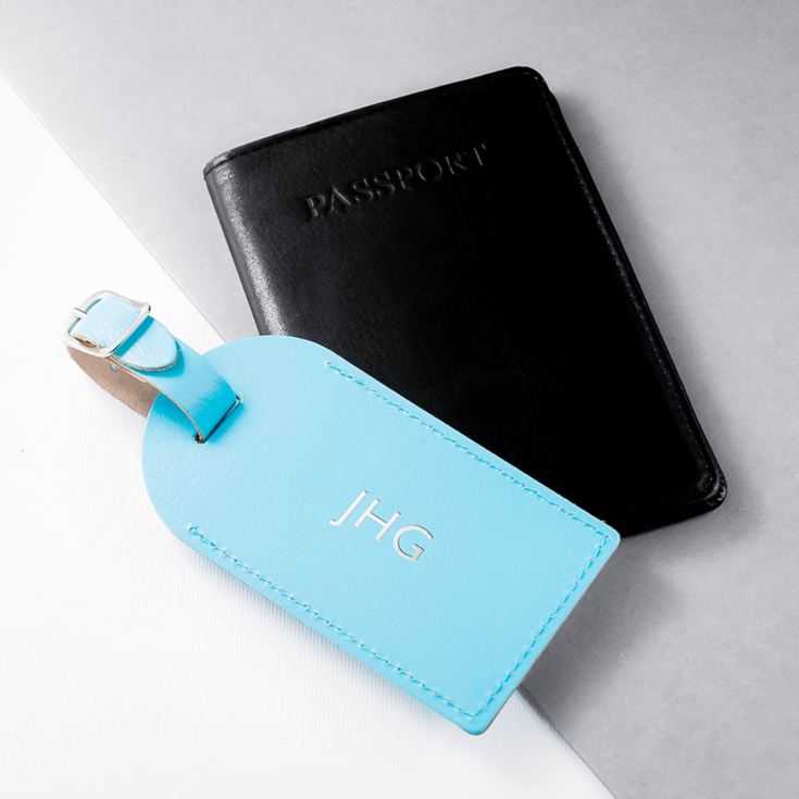 Personalised Pastel Blue Foiled Leather Luggage Tag product image