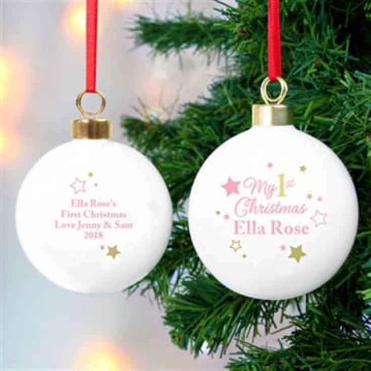 Personalised 'My 1st Christmas' Gold & Pinks Stars Bauble product image