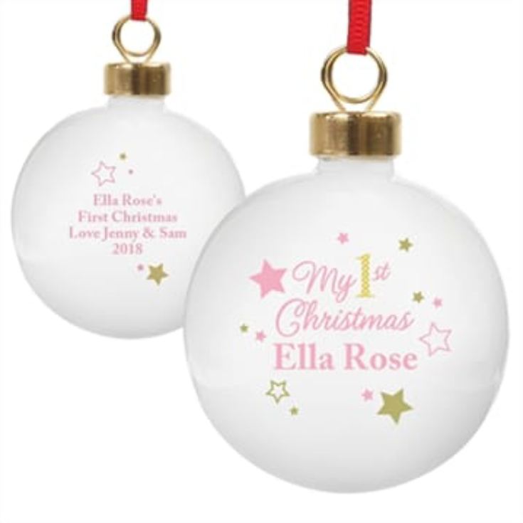 Personalised 'My 1st Christmas' Gold & Pinks Stars Bauble product image