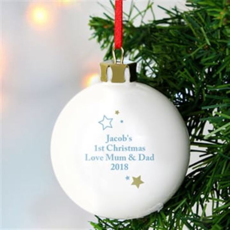 Personalised 'My 1st Christmas' Gold & Blue Stars Bauble product image
