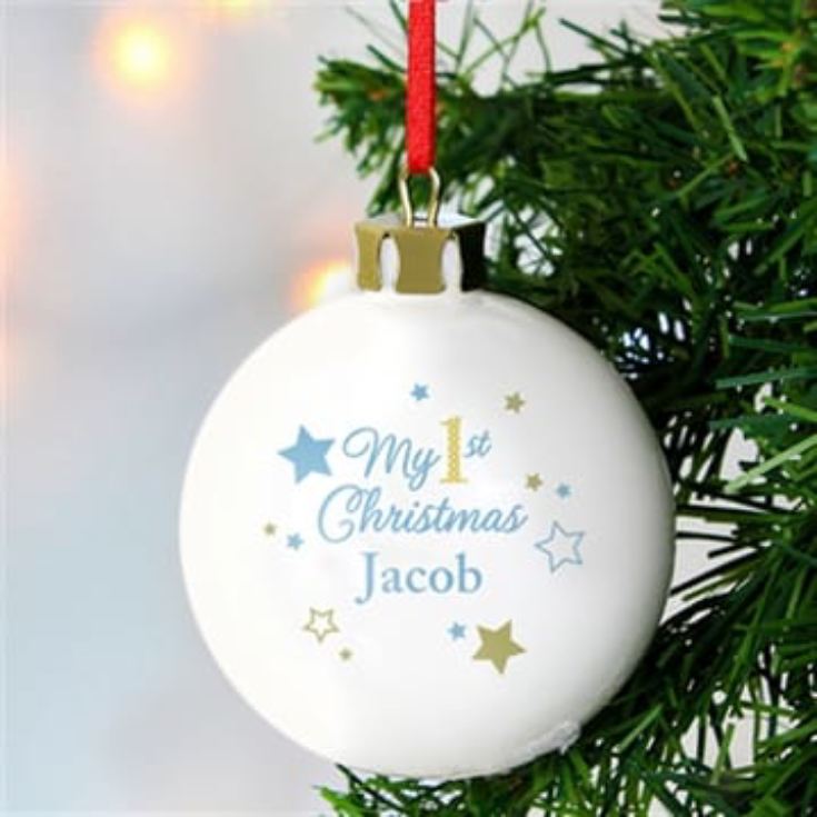 Personalised 'My 1st Christmas' Gold & Blue Stars Bauble product image