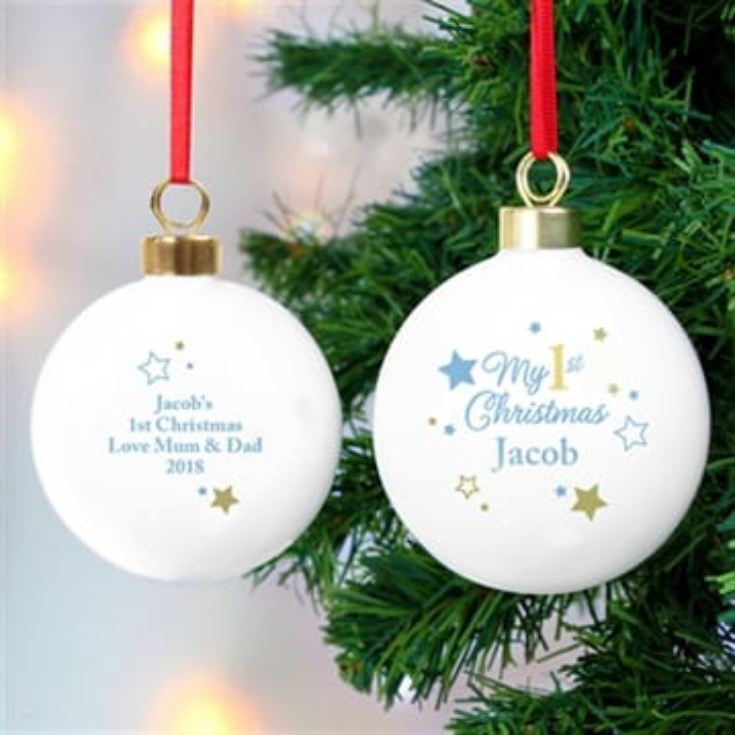 Personalised 'My 1st Christmas' Gold & Blue Stars Bauble product image