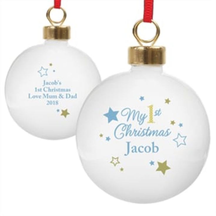 Personalised 'My 1st Christmas' Gold & Blue Stars Bauble product image