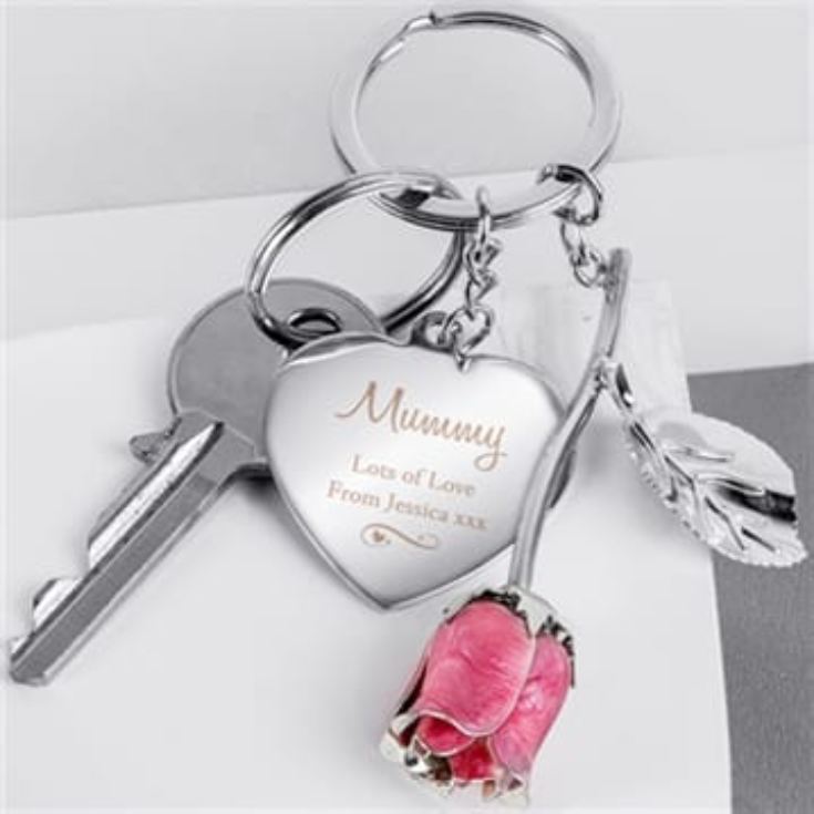 Personalised Silver Plated Swirls & Hearts Pink Rose Keyring product image