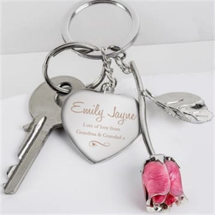 Personalised Silver Plated Swirls & Hearts Pink Rose Keyring product image
