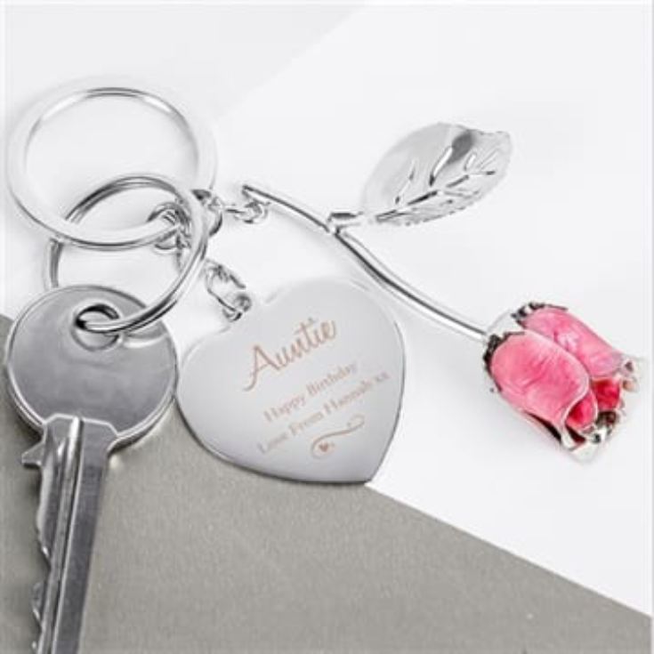 Personalised Silver Plated Swirls & Hearts Pink Rose Keyring product image