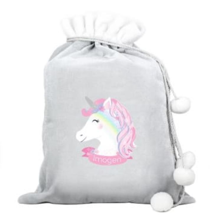 Personalised Christmas Unicorn Luxury Silver Grey Pom Pom Sack product image