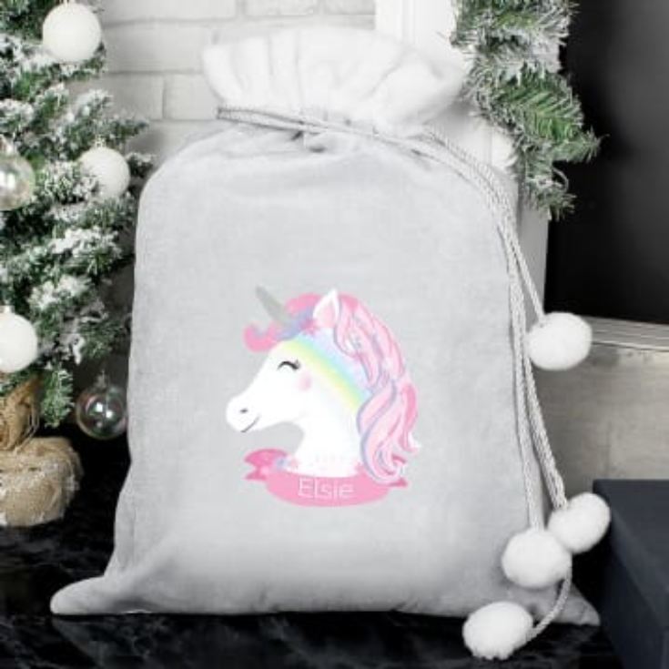 Personalised Christmas Unicorn Luxury Silver Grey Pom Pom Sack product image