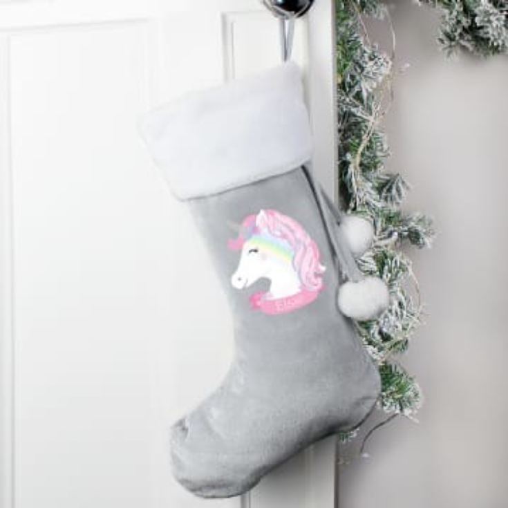 Personalised Christmas Unicorn Luxury Silver Grey Stocking product image