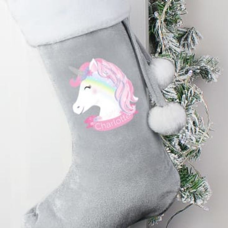 Personalised Christmas Unicorn Luxury Silver Grey Stocking product image