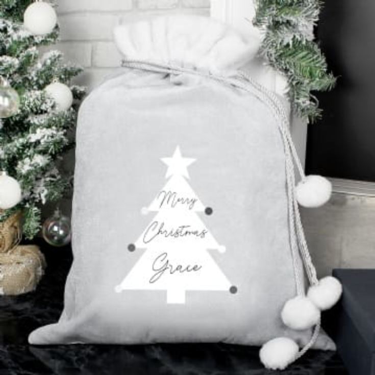 Personalised Christmas Tree Luxury Silver Grey Pom Pom Sack product image