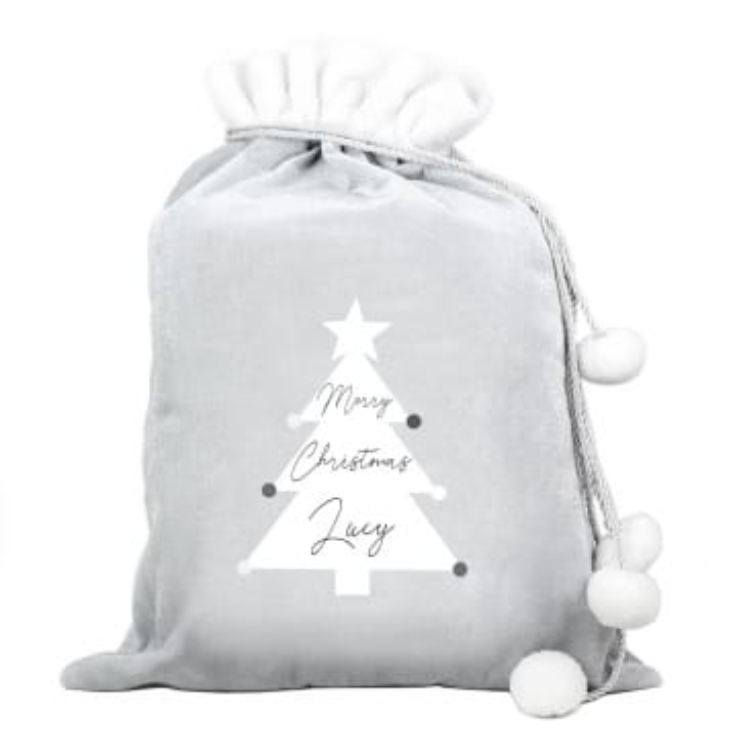 Personalised Christmas Tree Luxury Silver Grey Pom Pom Sack product image