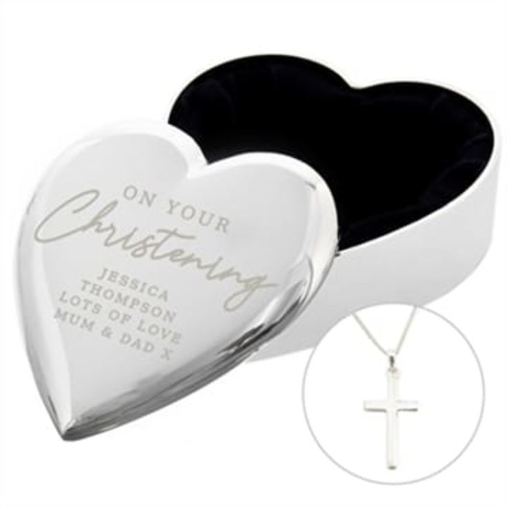 Personalised Christening Heart Trinket Box & Cross Necklace Set product image