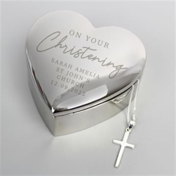 Personalised Christening Heart Trinket Box & Cross Necklace Set product image