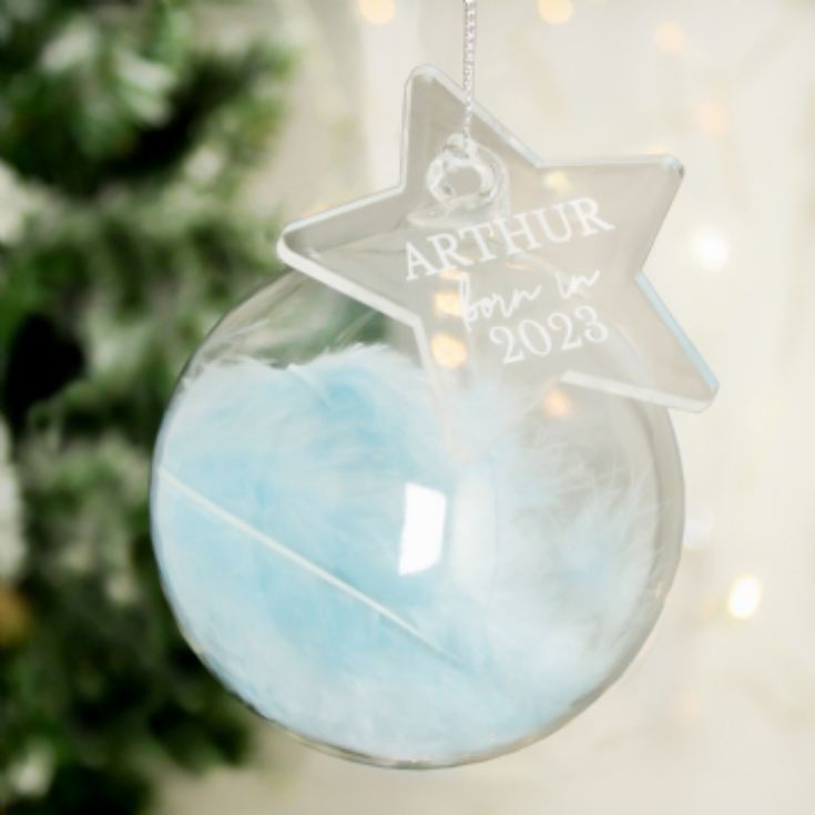 Personalised Feather Blue Feather Glass Born in...Bauble product image