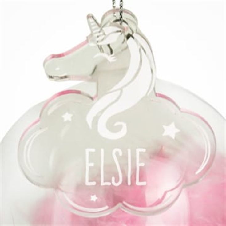 Personalised Pink Feather Glass Baubles with Unicorn Tag product image