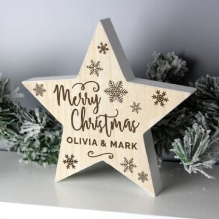 Personalised Merry Christmas Rustic Wooden Star Decoration product image