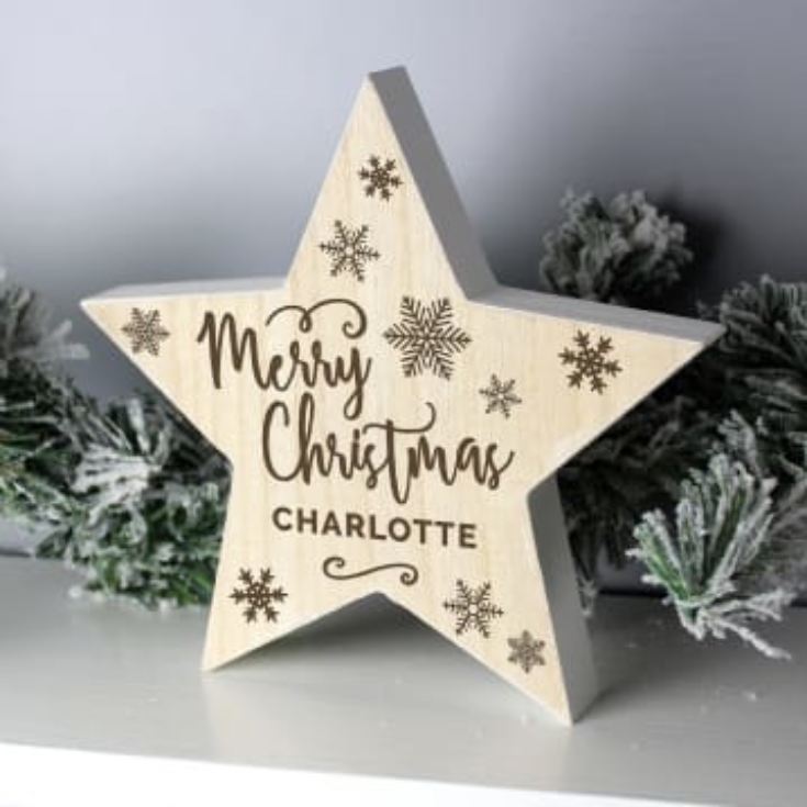 Personalised Merry Christmas Rustic Wooden Star Decoration product image