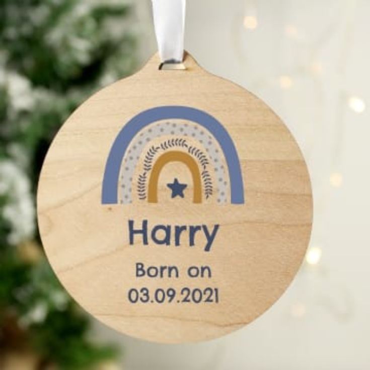 Personalised Wooden Christmas Blue Rainbow Decoration product image