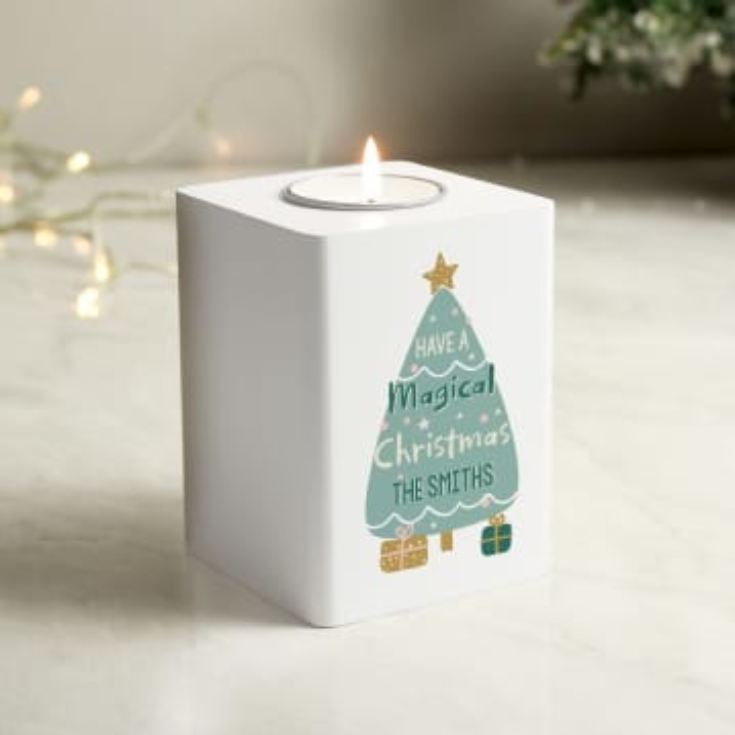 Personalised White Wooden Christmas Tea Light Holders (Tree) product image