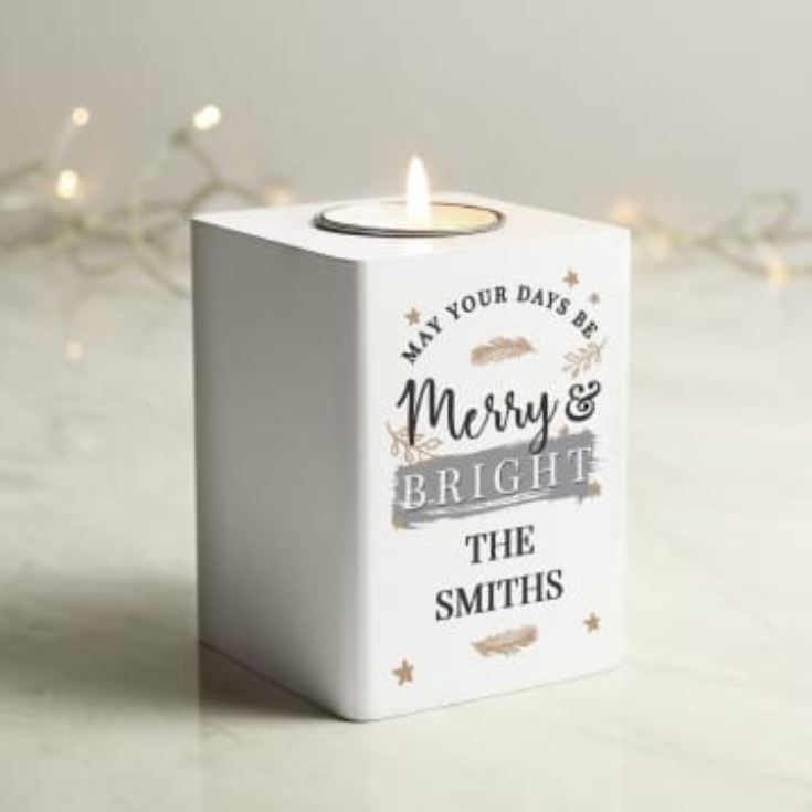 Personalised White Wooden Christmas Tea Light Holders (Merry & Bright) product image