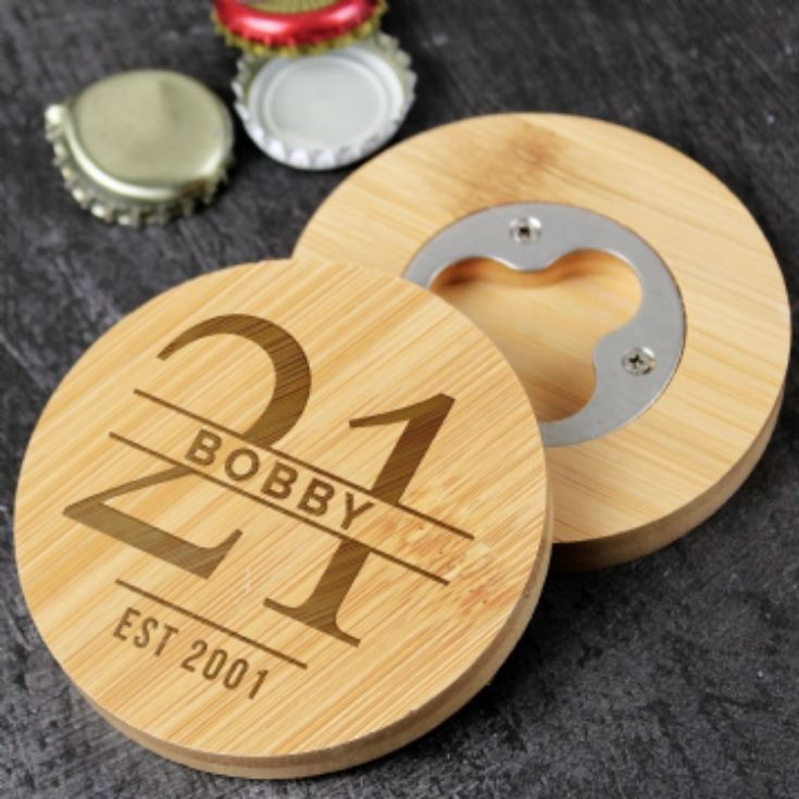 Personalised Big Age Bamboo Bottle Opener Coaster product image