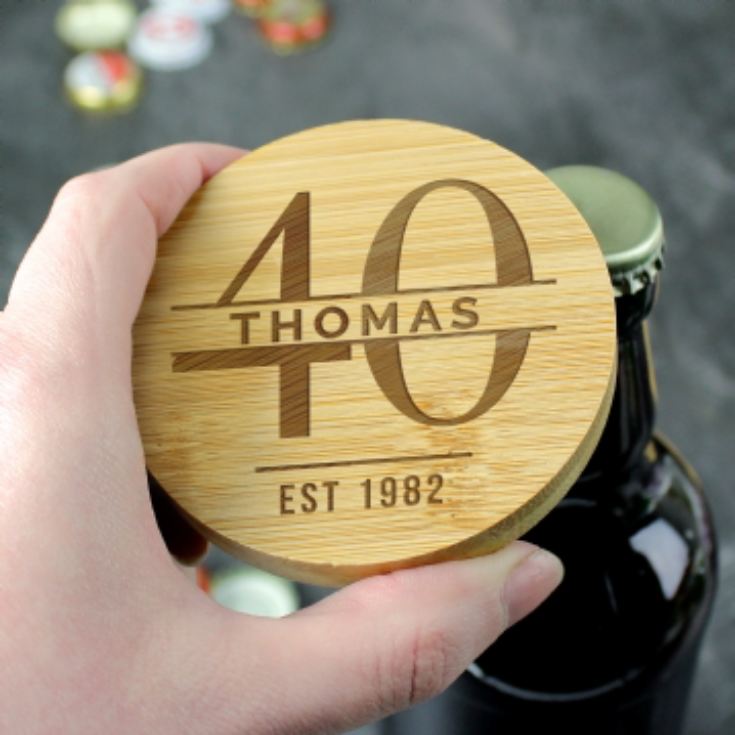 Personalised Big Age Bamboo Bottle Opener Coaster product image