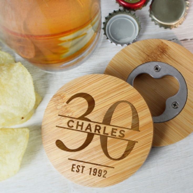 Personalised Big Age Bamboo Bottle Opener Coaster product image