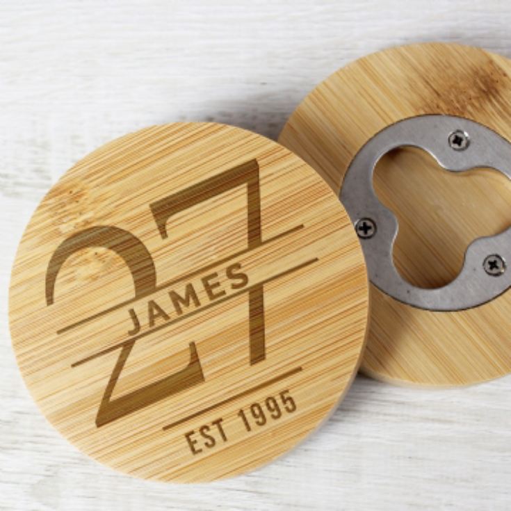 Personalised Big Age Bamboo Bottle Opener Coaster product image