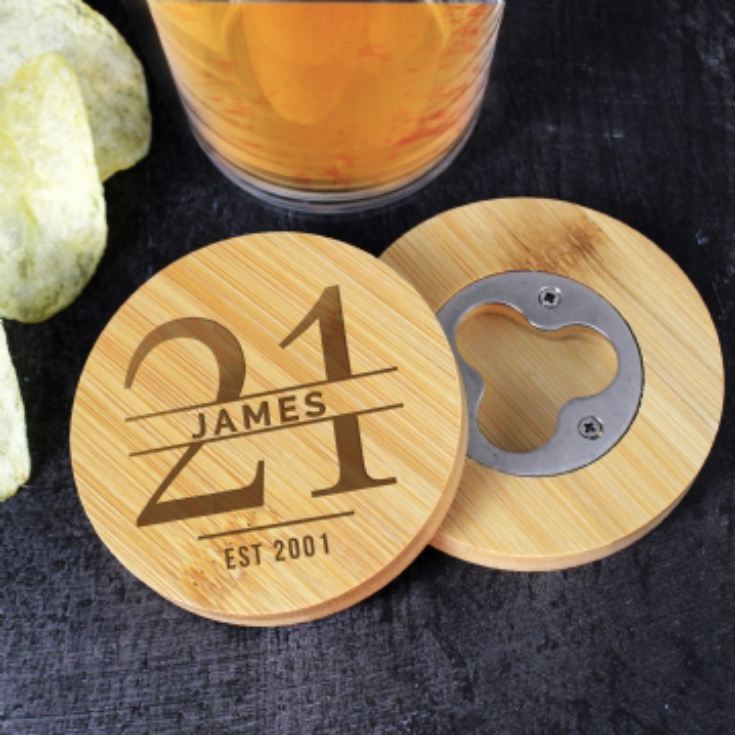 Personalised Big Age Bamboo Bottle Opener Coaster product image