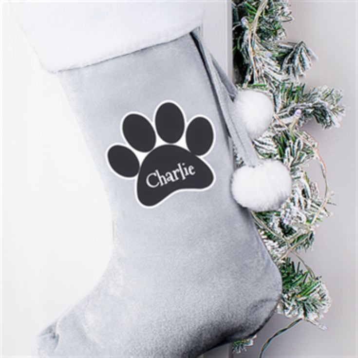 Personalised Paw Print Silver Grey Christmas Stocking product image