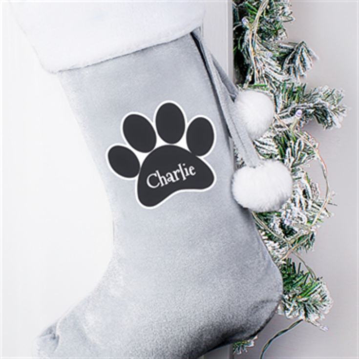 Personalised Paw Print Grey Christmas Stocking