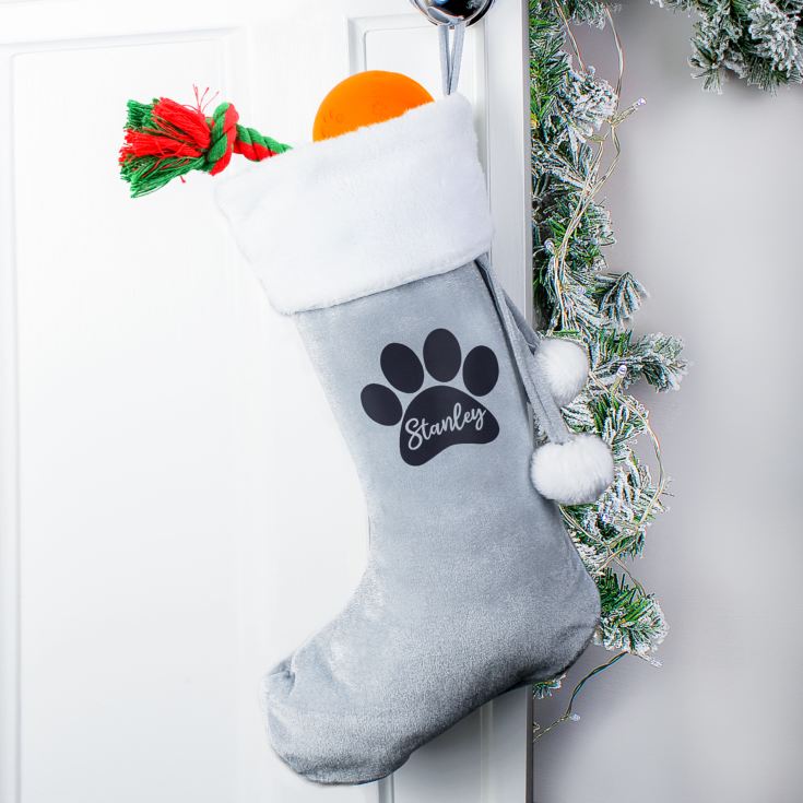 Personalised Paw Print Silver Grey Christmas Stocking product image